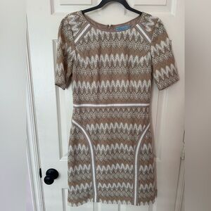 PERFECT ANTONIO MELANI Tan and Cream Geometric Midi Dress. Dress up or down!